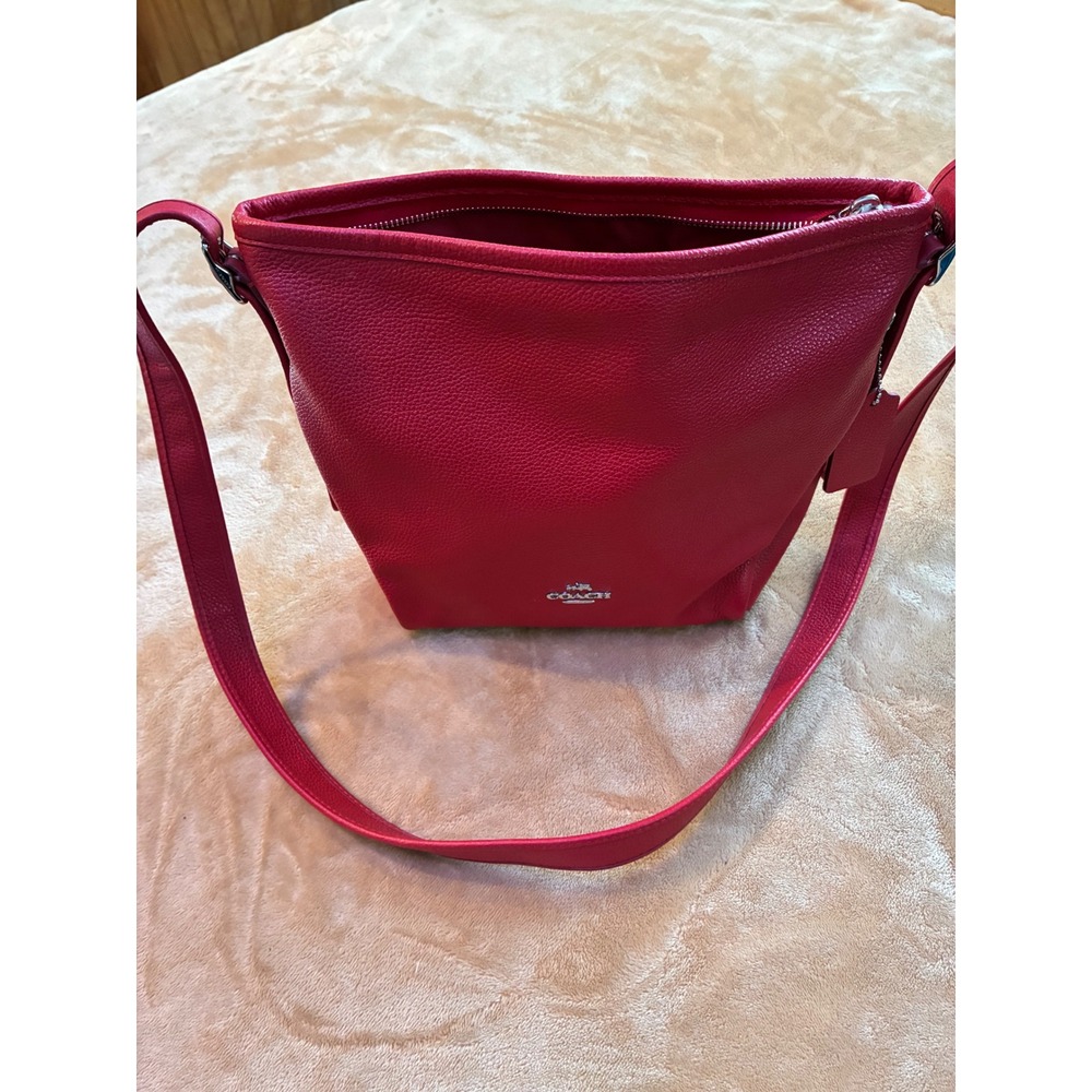 Coach Red Pebbled Leather Crossbody Bag Silver Hardware Top Zip Shoulder Bag